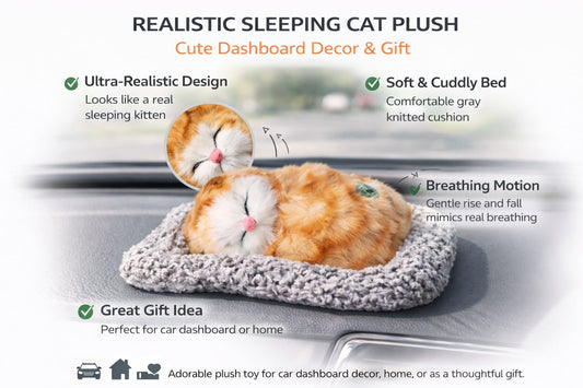 Sleeping Cat Dashboard Decor – Cute Plush Car Interior Showpiece with Soft Fur Design