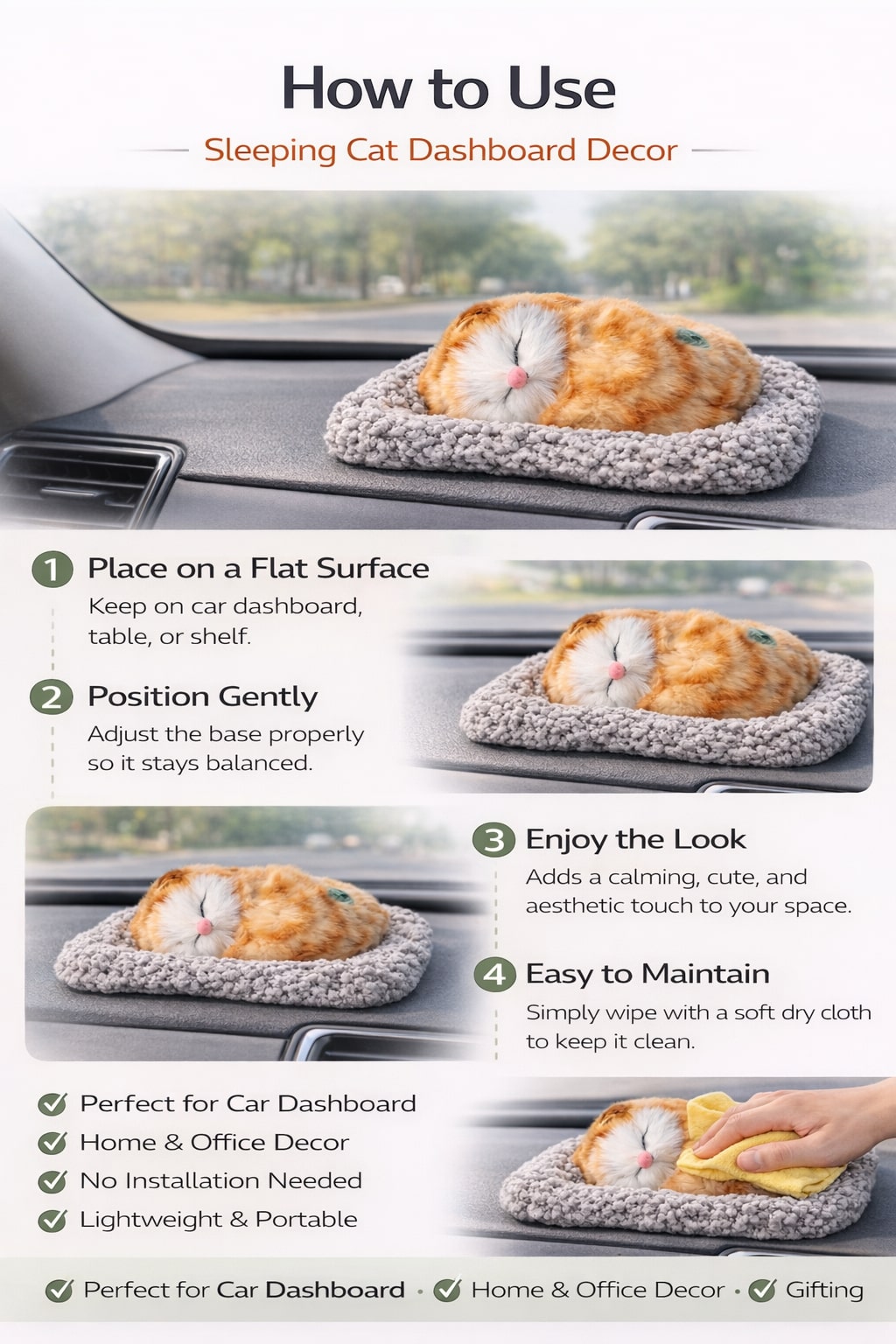 Sleeping Cat Dashboard Decor – Cute Plush Car Interior Showpiece with Soft Fur Design